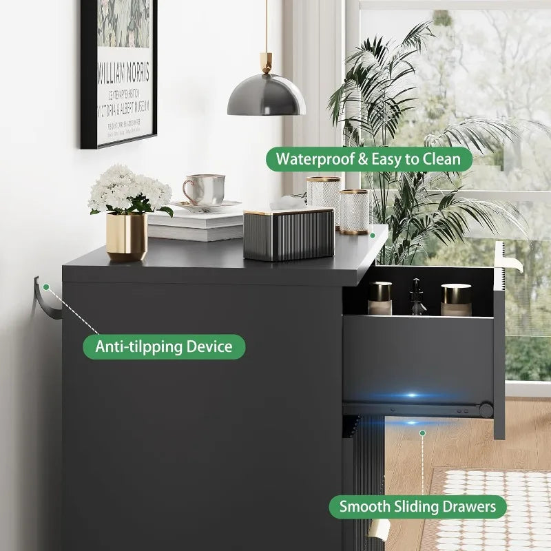 Fluted Nightstand 24 Inch Wide Side Table 3 Drawer Mid Century Modern Black