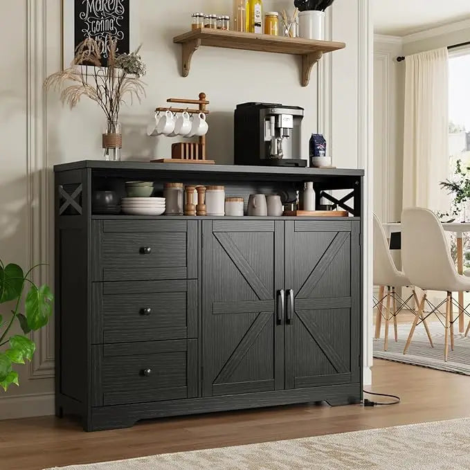 47 Inch Black Storage Cabinet Farmhouse Sideboard Buffet Kitchen Pantry