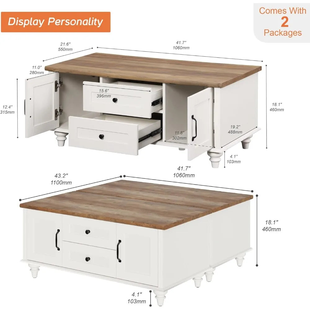 White Coffee Table Set of 2 Modern Storage Center Tables for Living Room