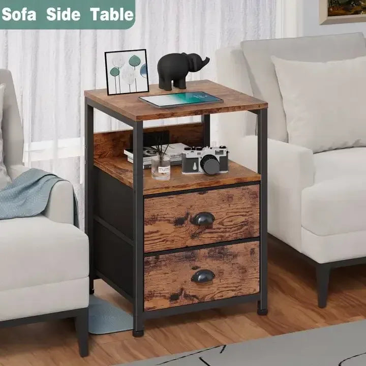 Nightstand Set of 2 with Charging Station and Drawers Rustic Style