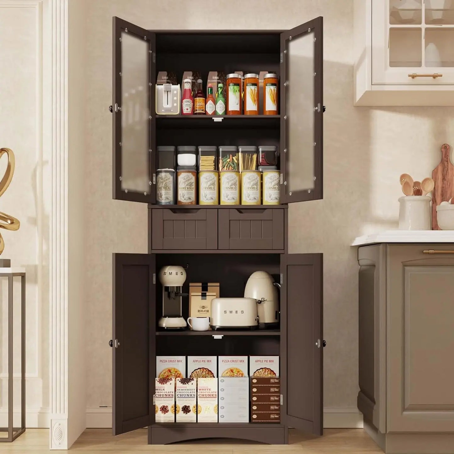 67 Inch Tall Storage Cabinet Freestanding Kitchen Pantry with Glass Door