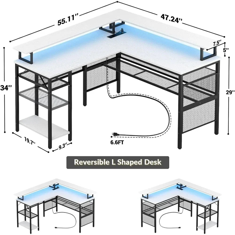 L-Shaped Desk with LED Strip Power Outlets Reversible Corner Design