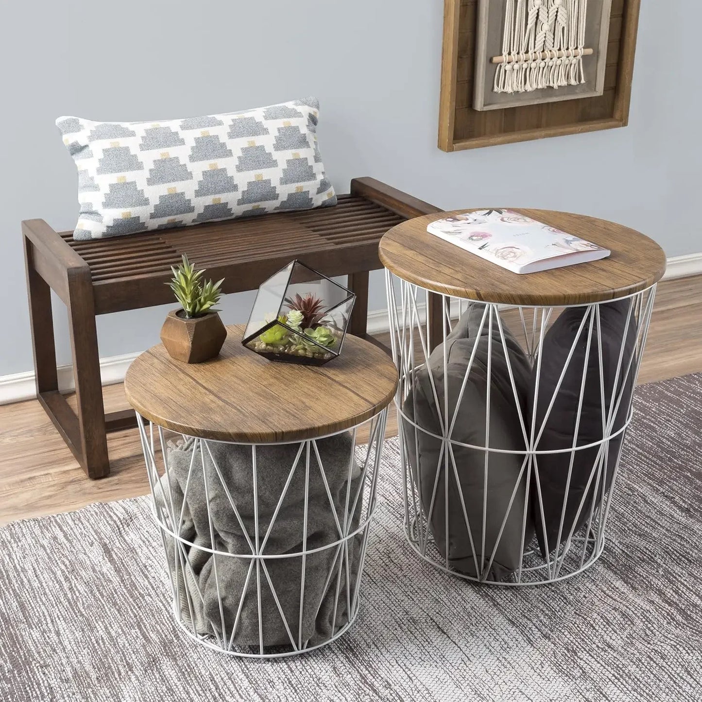 Set of 2 Nesting End Tables Round Side Tables with Removable Wood Tops