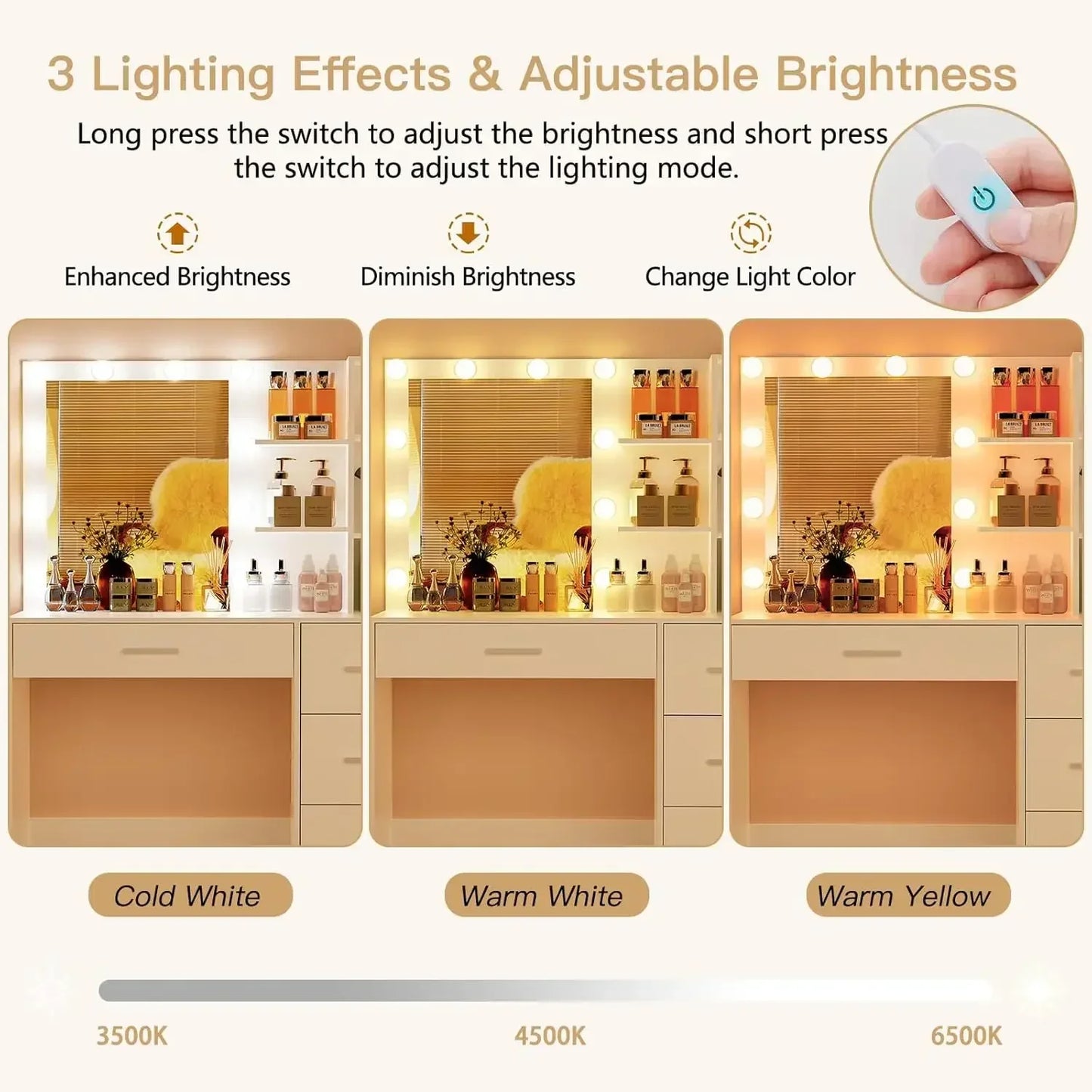 Makeup Vanity with Mirror and 10 LED Lights 4 Drawers Necklace Hooks