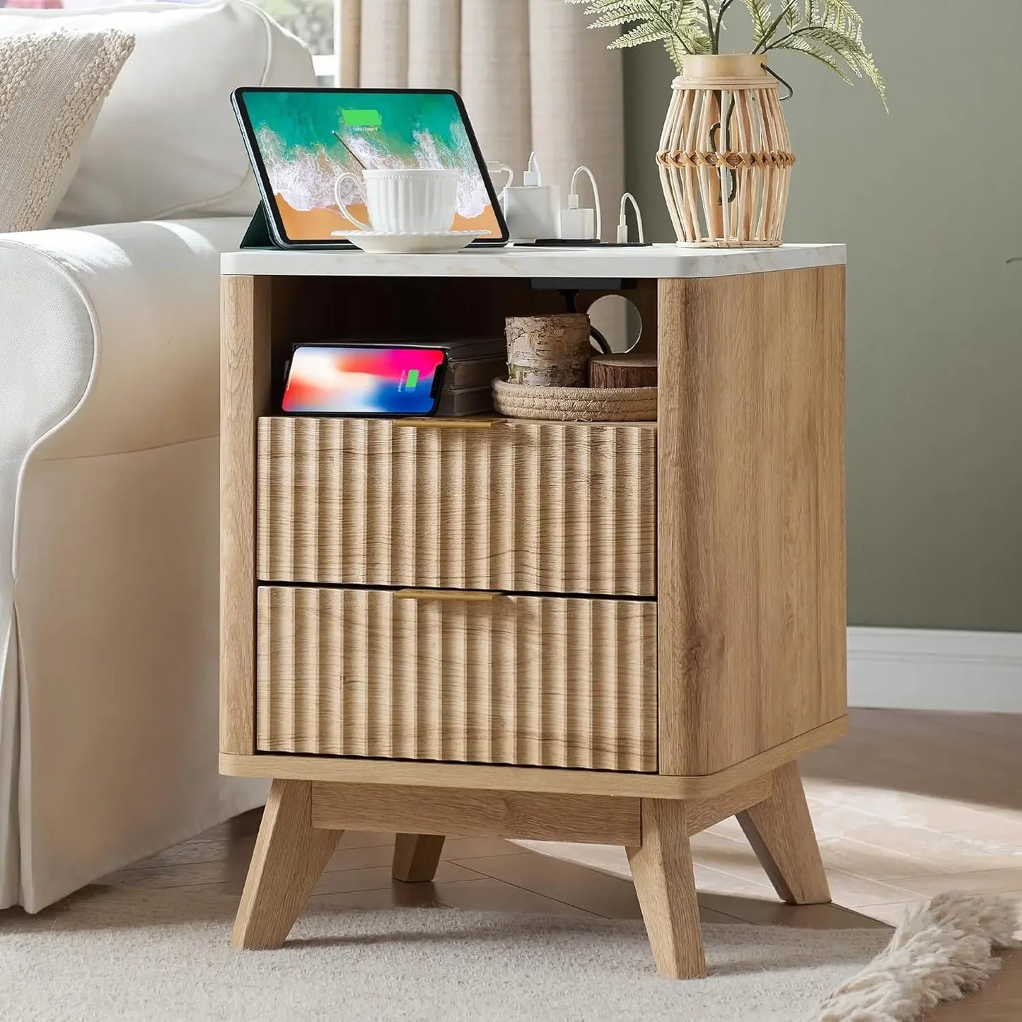 Fluted Nightstand with Charging Station 18" Modern Side Table 2 Drawers