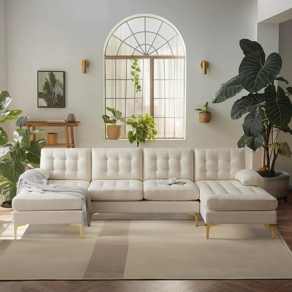 Modern U Shaped Sectional Sofa with Double Chaise, Tufted Button Couch