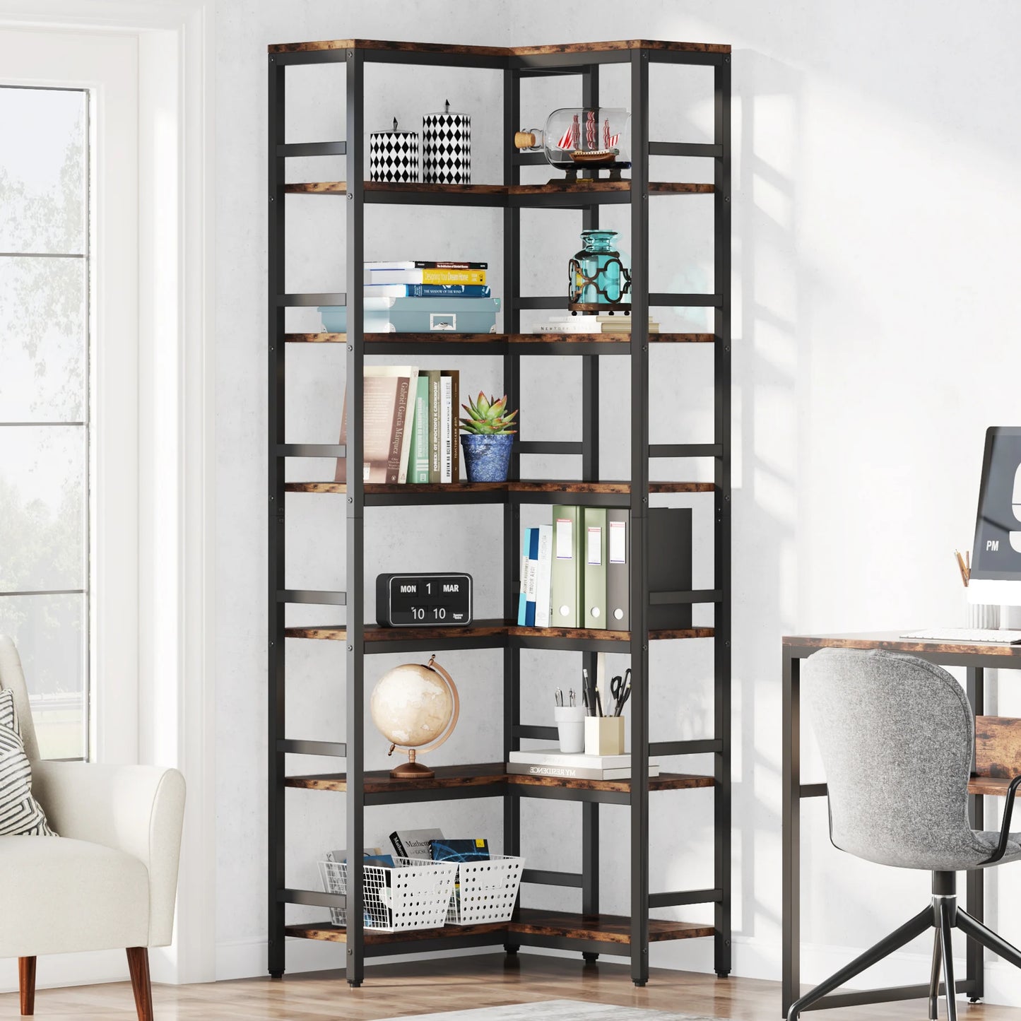 Ljustra 7-Shelf Corner Bookshelf Modern Corner Bookcase Storage Rack