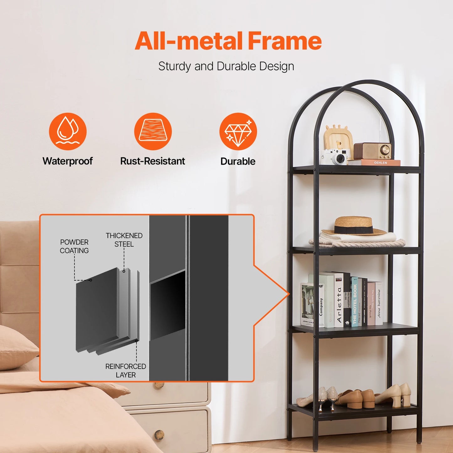 Ljustra Metal Bookshelf 4 Tier Industrial Rustic Open Shelf Storage Unit