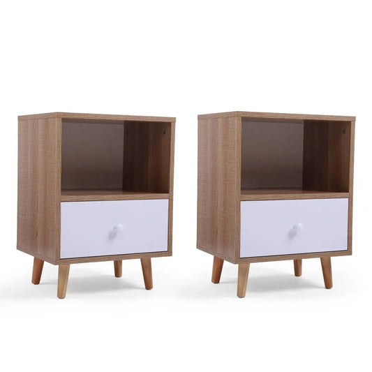 Set of 2 Mid Century Nightstands Bedside Tables with Drawer and Shelf
