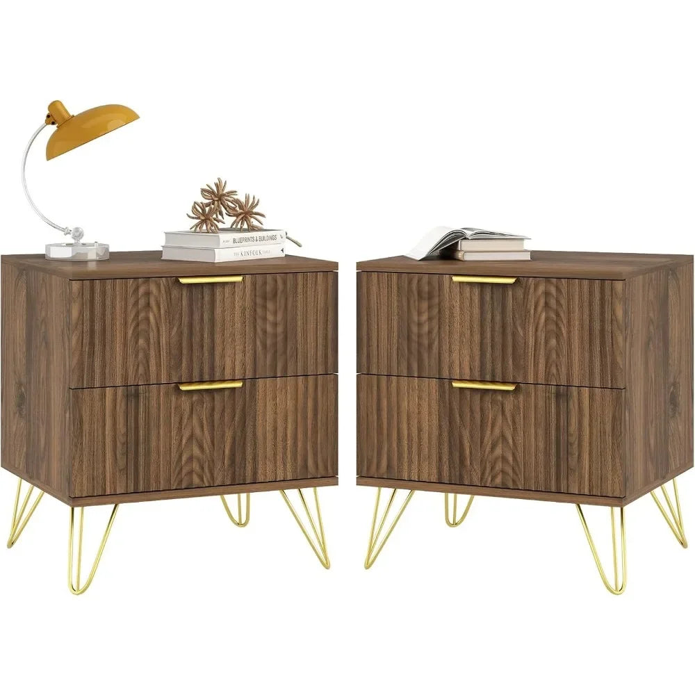Nightstand Set of 2 Fluted Night Stand with 2 Drawers Wood Storage