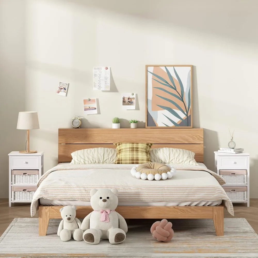 Set of 2 Nightstands with Wicker Baskets Fully Assembled Bedside Tables