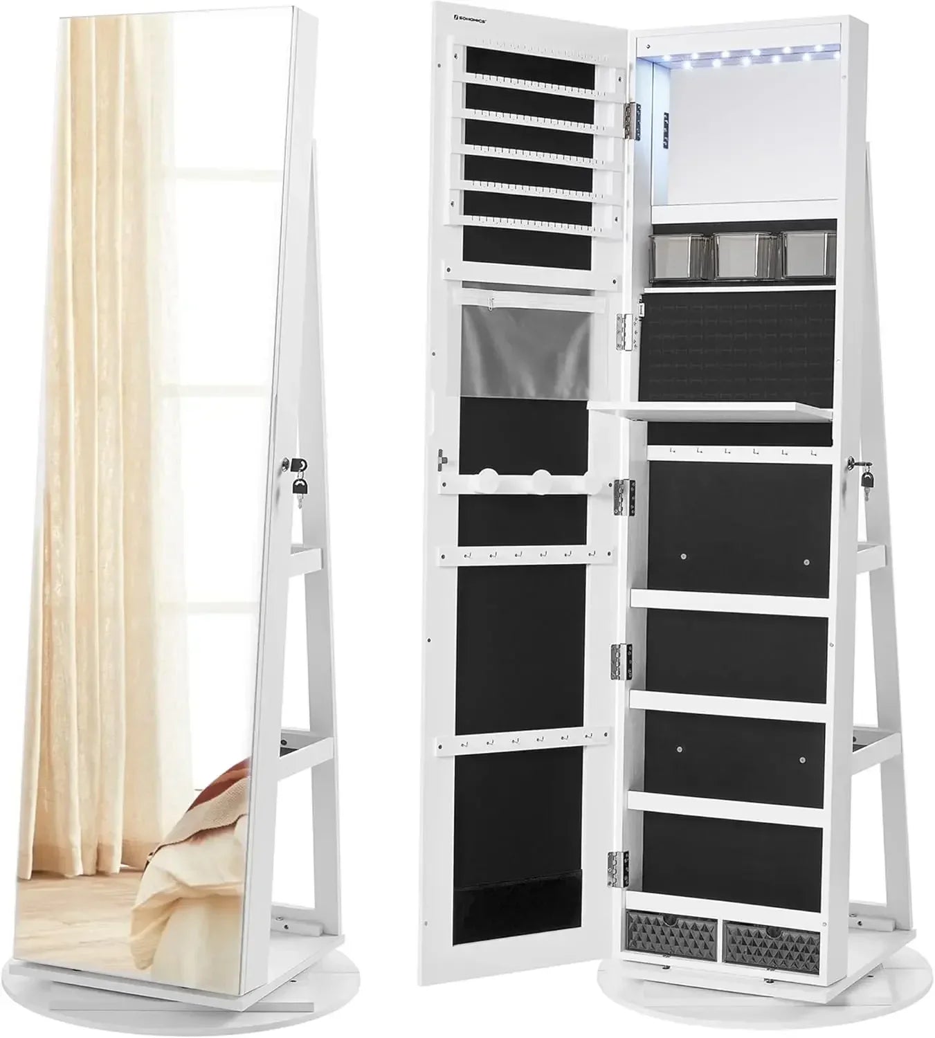 Ljustra 6 LED Lockable Mirror Jewelry Cabinet 360° Swivel Organizer Armoire