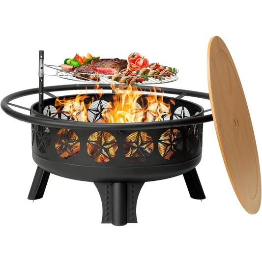 38 Inch Wood Burning Fire Pit Outdoor 3-in-1 Grill Table with Screen