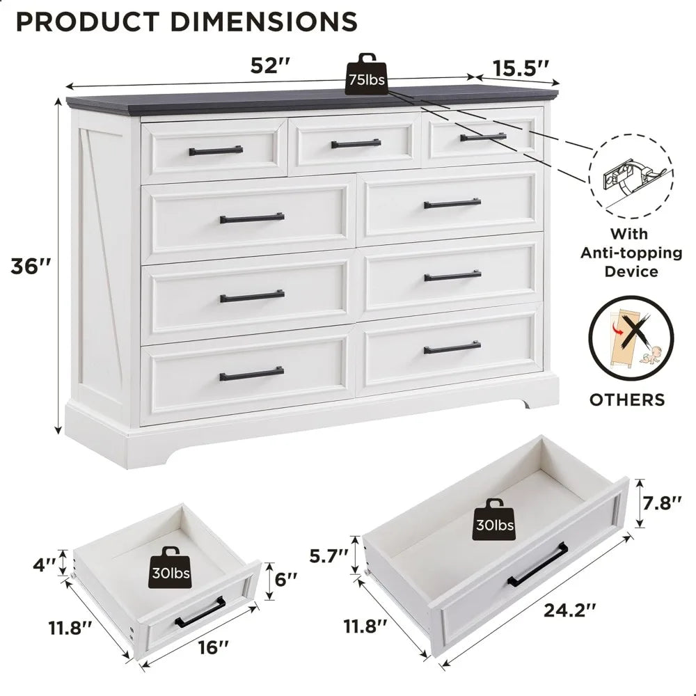 **** Farmhouse 9 Drawer Dresser Tall Modern Bedroom Storage Furniture