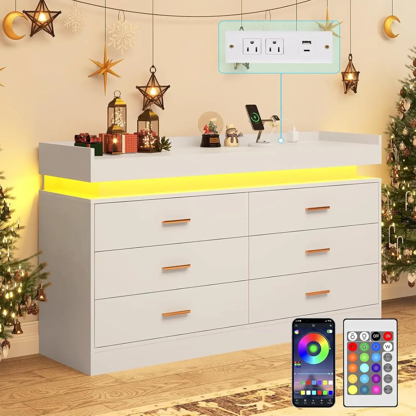 9 Drawer Dresser with Charging Station LED Lights Organizer Cabinet