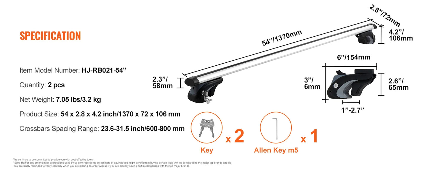 Adjustable Aluminum Roof Rack CrossBars Carrier for SUVs Sedans