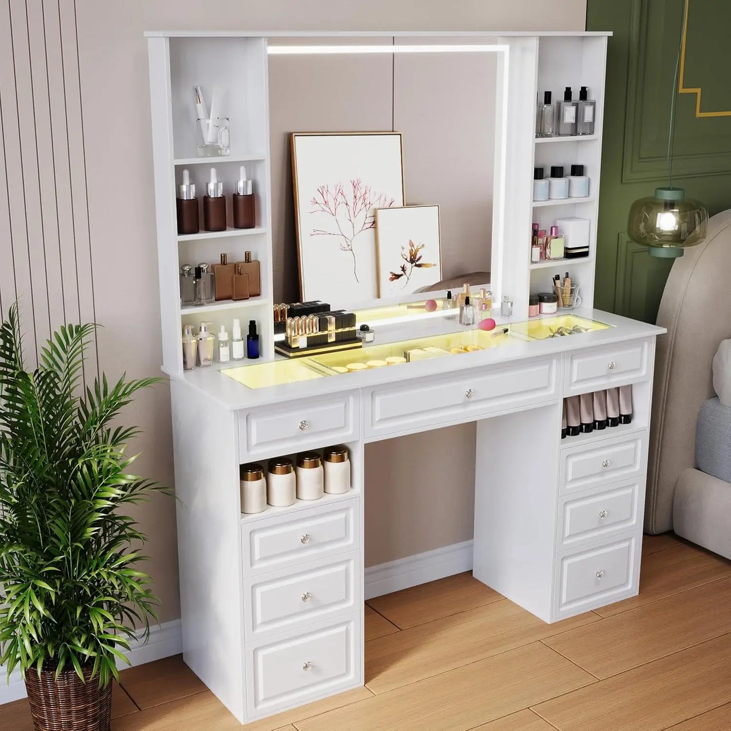 Black Vanity Desk with Lighted Mirror and 9 Storage Drawers for Makeup