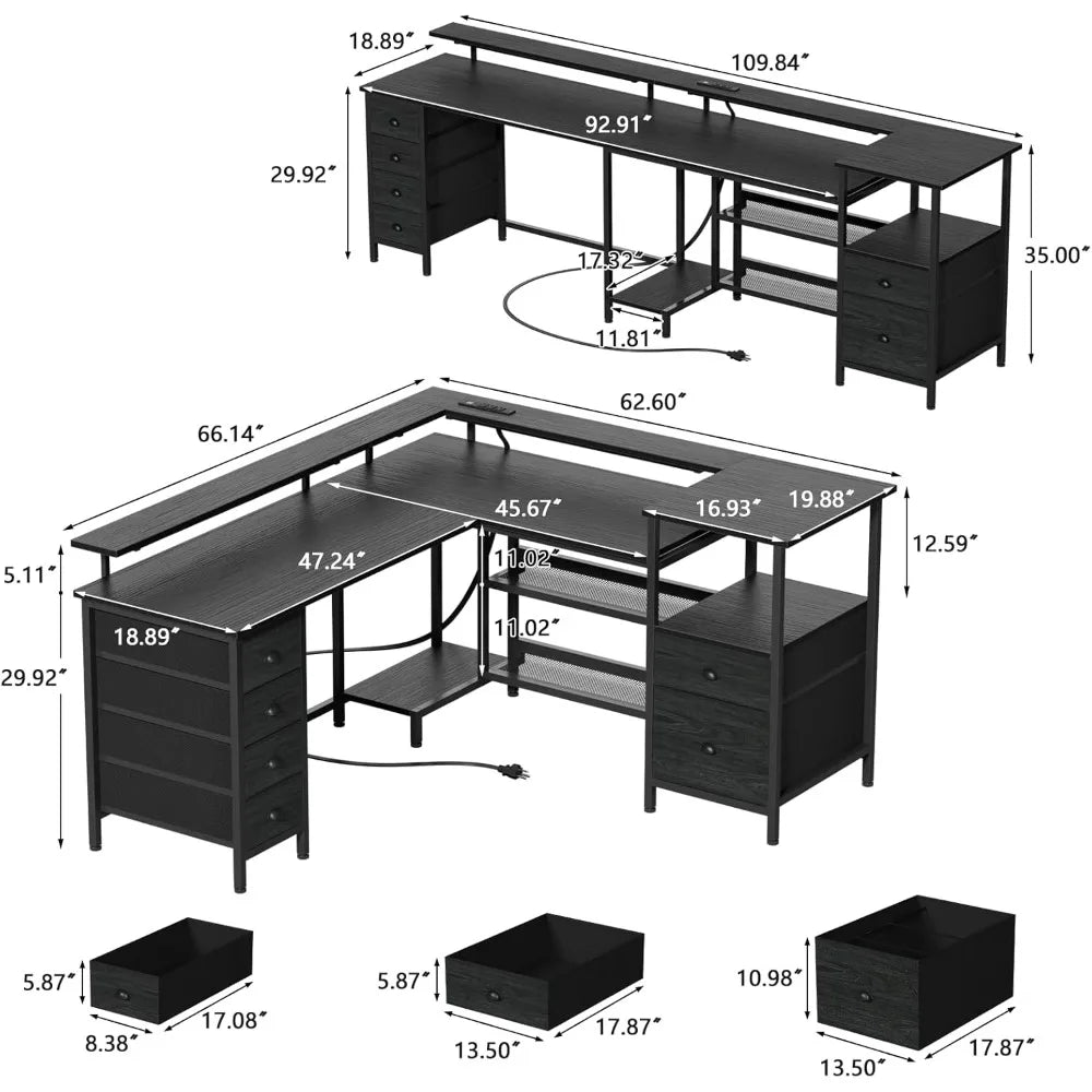 66" L Shaped Gaming Desk with 6 Drawers Power Outlets LED Light