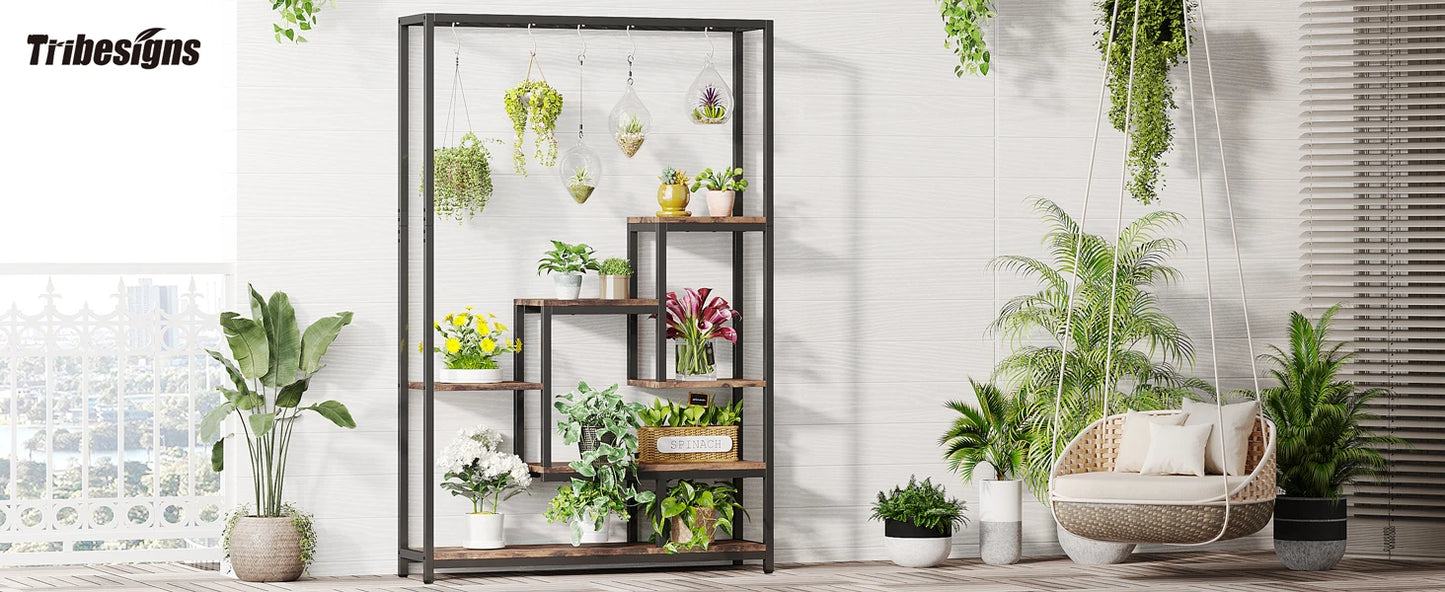 Ljustra 5 Tier Tall Indoor Plant Stand Shelf with Hanging Hooks