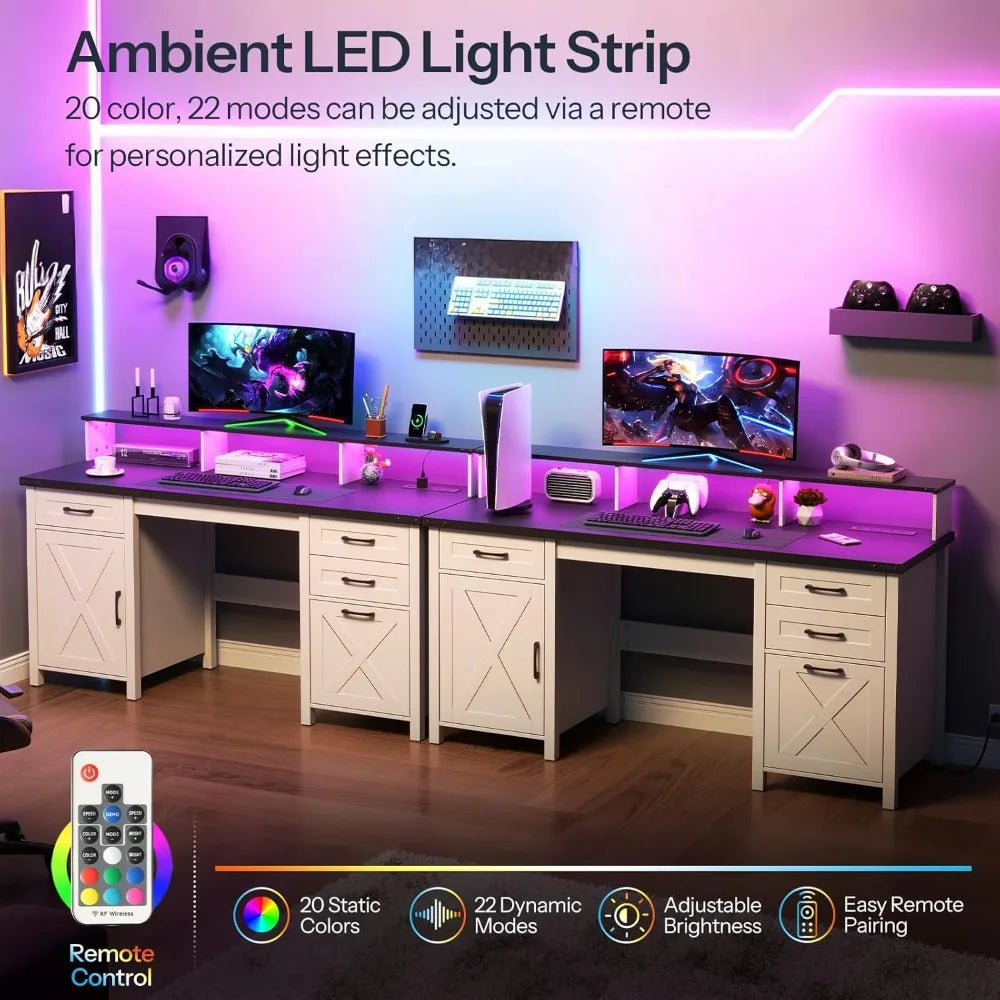 Farmhouse Executive Desk with Drawers LED Light Power Outlet Large