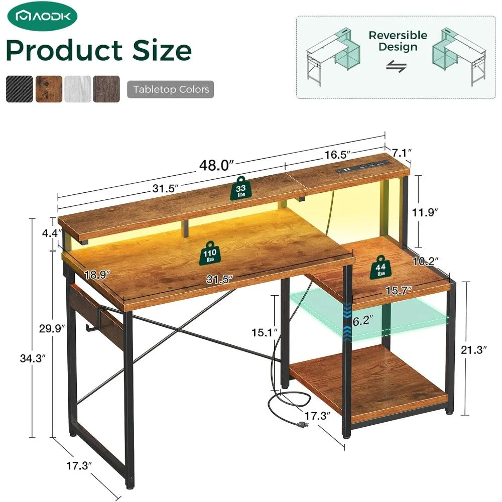 48 Inch Computer Desk Gaming Desk with LED Lights Power Outlet Shelves