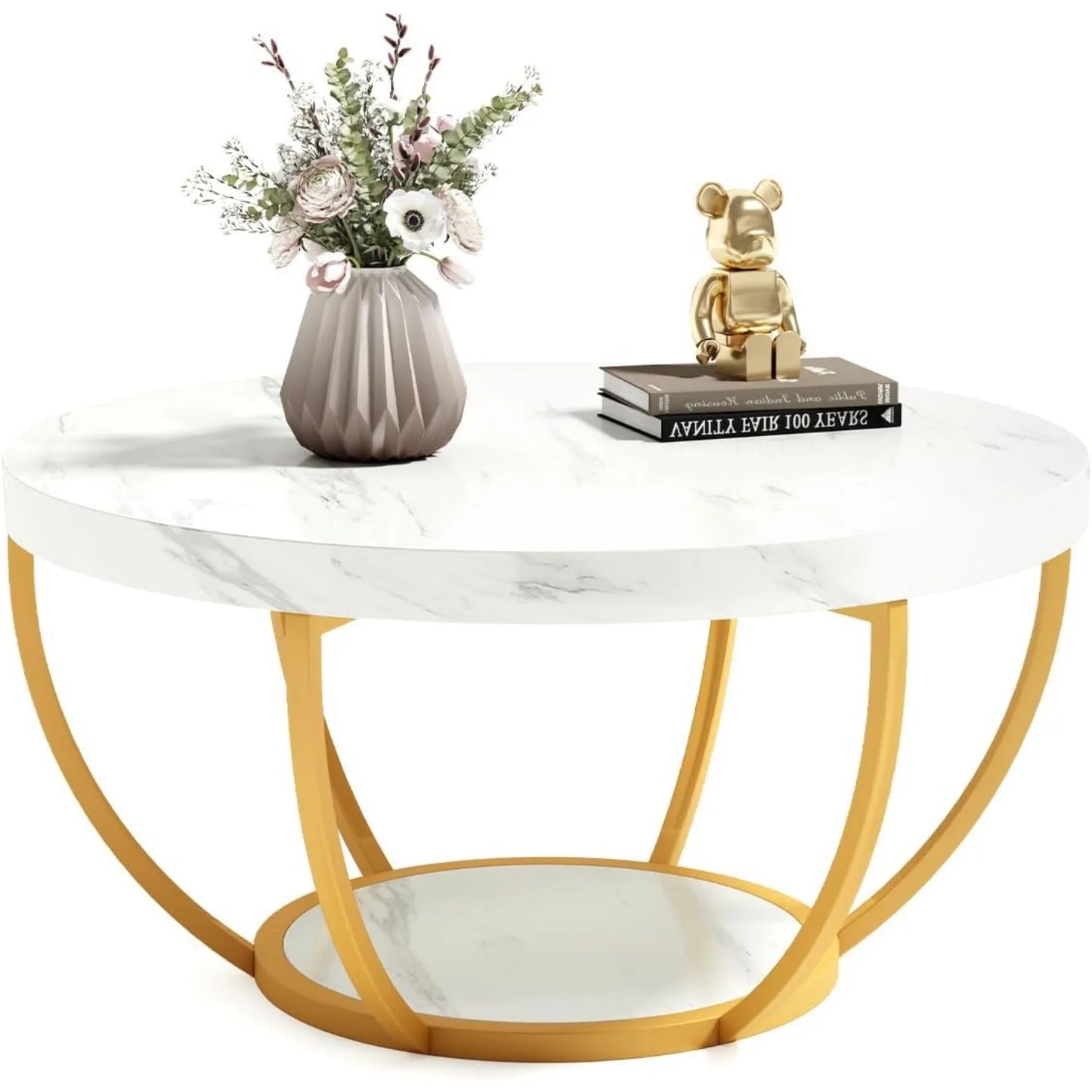 32 Inch Circle Marble Coffee Table 2 Tier Gold Metal Legs Modern Design