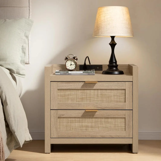 Rattan Nightstand Bedside Table with Charging Station 2 Drawers