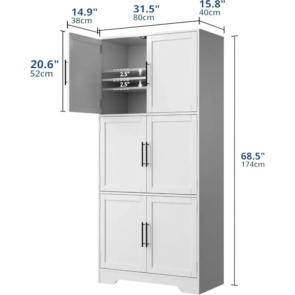 68.5 Inch Kitchen Pantry Cabinet Tall Storage 6 Doors Adjustable Shelves