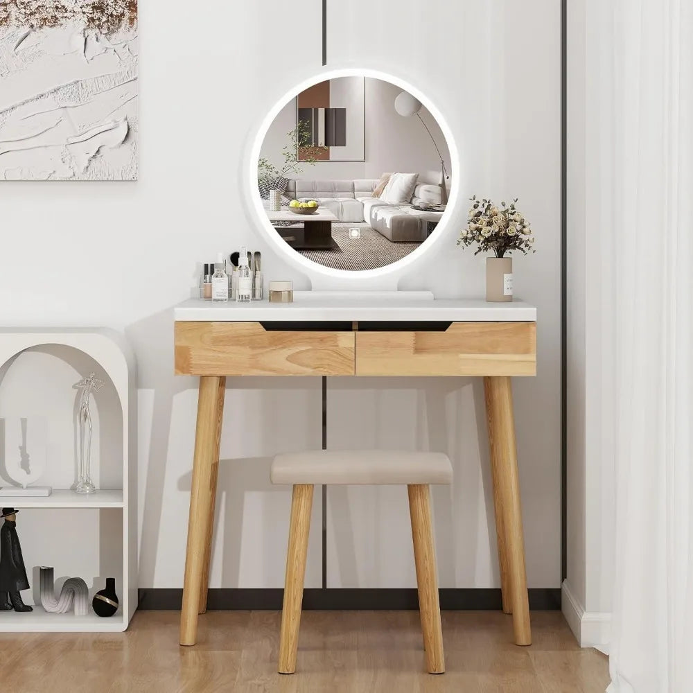 Makeup Vanity Desk with Lights Adjustable Mirror Small Space Storage