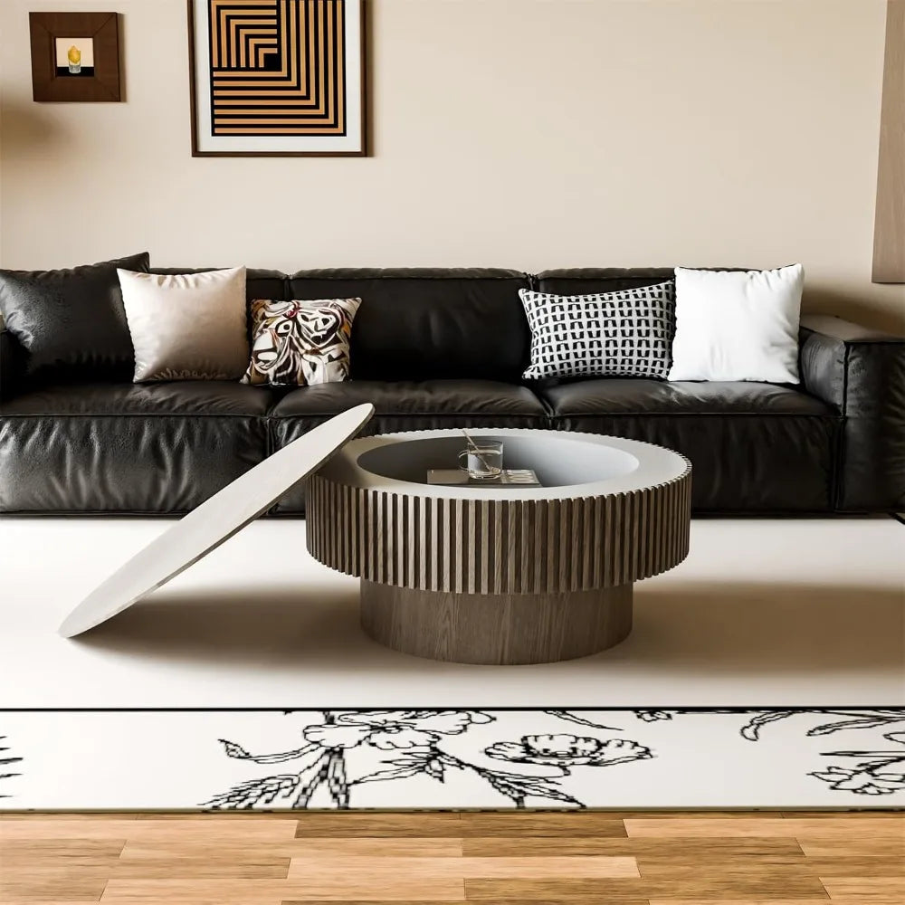 Modern Round Coffee Table Solid Wood Grey 31.5 Inch for Living Room