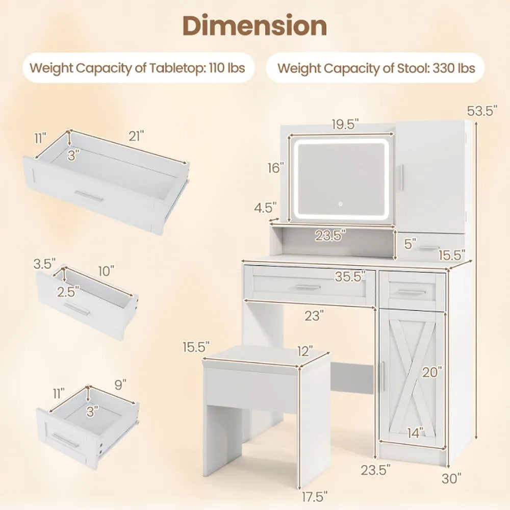 Makeup Vanity Desk with Mirror LED Lights Dressing Table and Stool Set