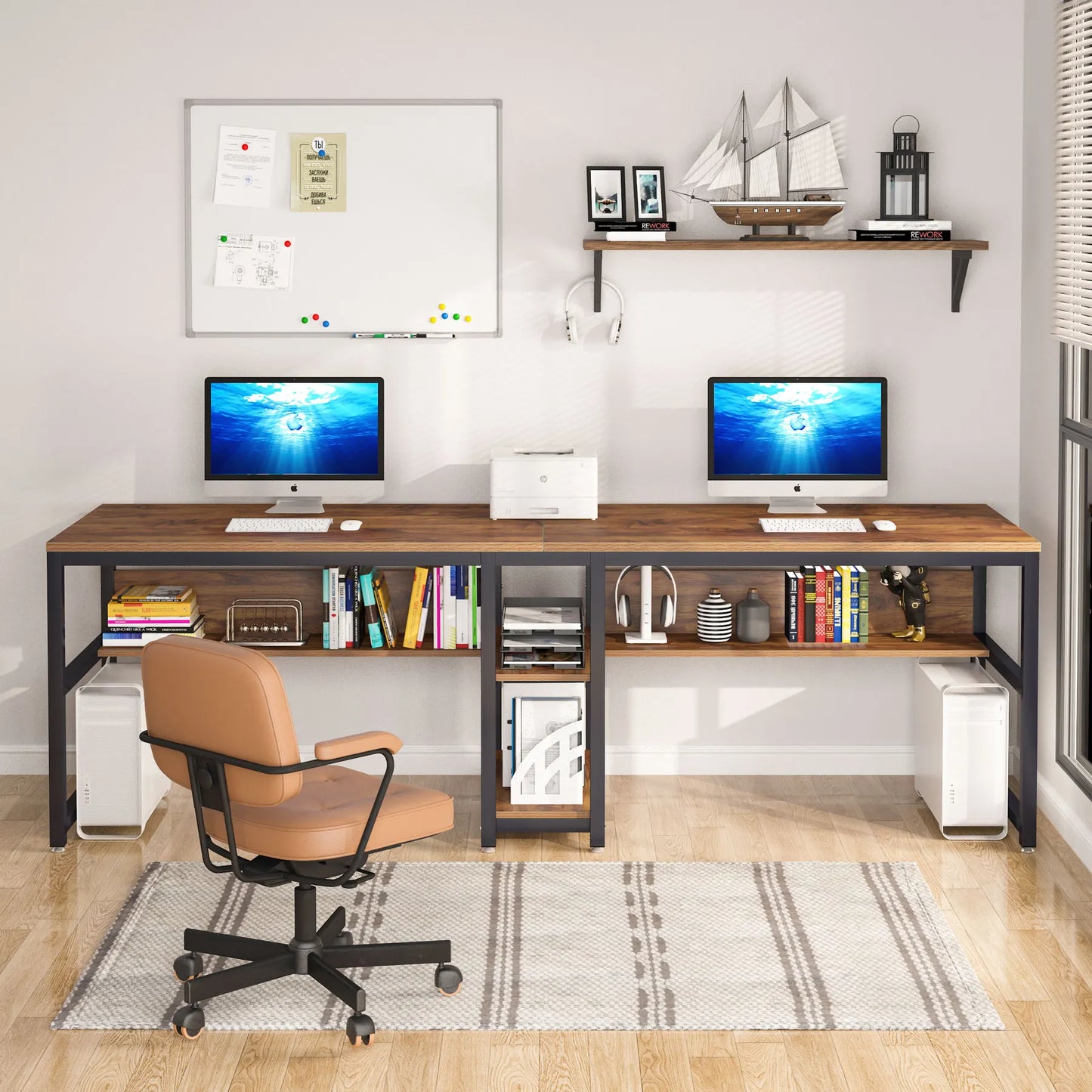 Ljustra Two Person Desk with Bookshelf Rustic Home Office Workstation