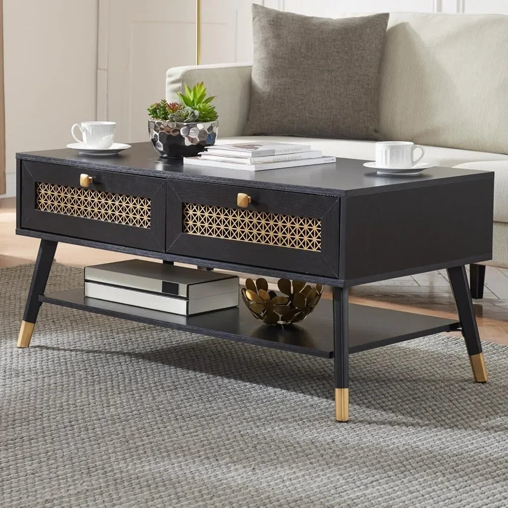 Wooden Mid Century Modern Coffee Table with Storage for Living Room