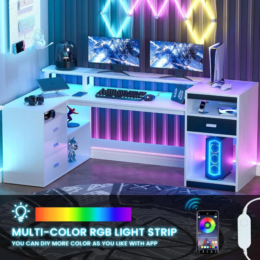 L Shaped White Computer Desk with Drawers Storage Shelves Home Office