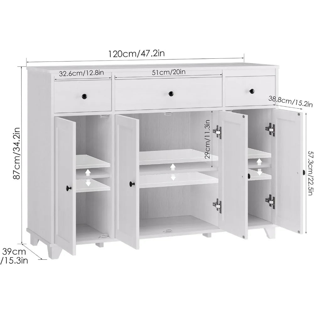 Modern 47 Inch Buffet Cabinet with 3 Drawers and 4 Doors for Storage