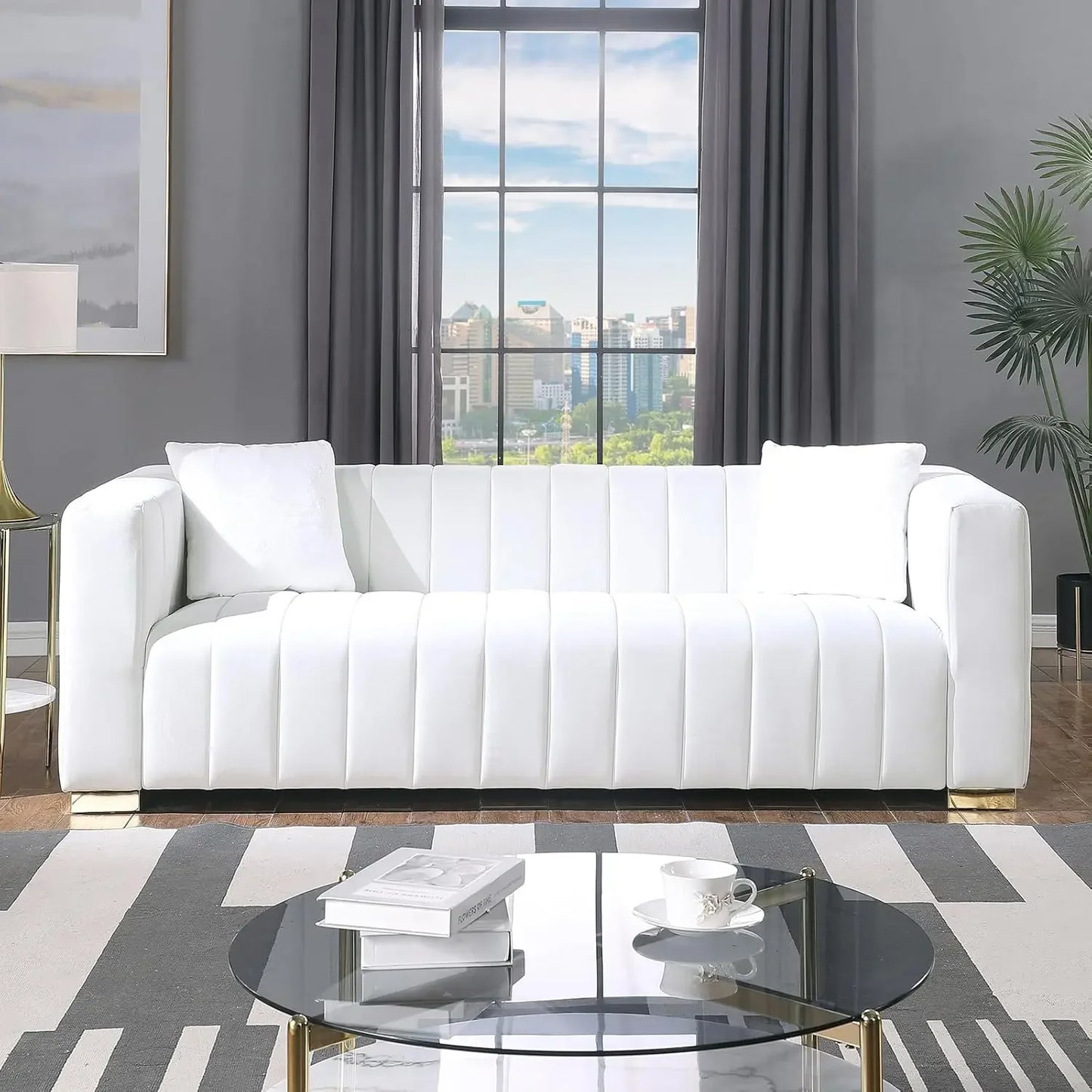 2-Piece Velvet Sofa Set White Tufted Couch & Loveseat with Pillows for Living Room