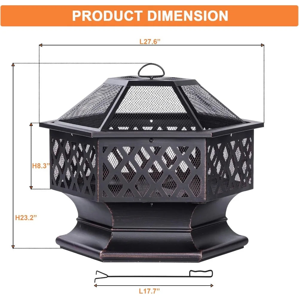 Outdoor Hexagon Fire Pit Wood Burning Patio Bonfire Camping 28 Inch