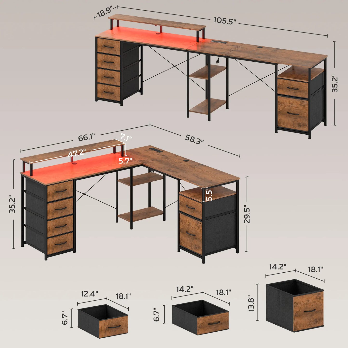 66 Inch Reversible L Shaped Computer Desk with File Drawer and USB Outlets