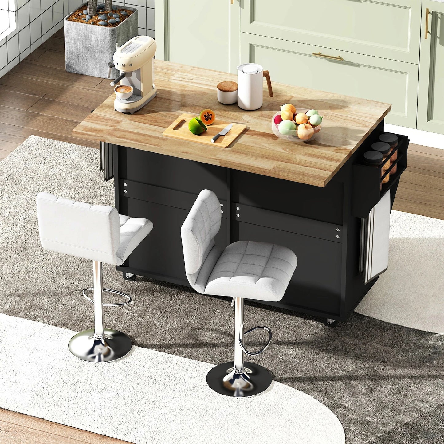 Kitchen Island with Storage Rolling Cart Drop Leaf Towel Rack