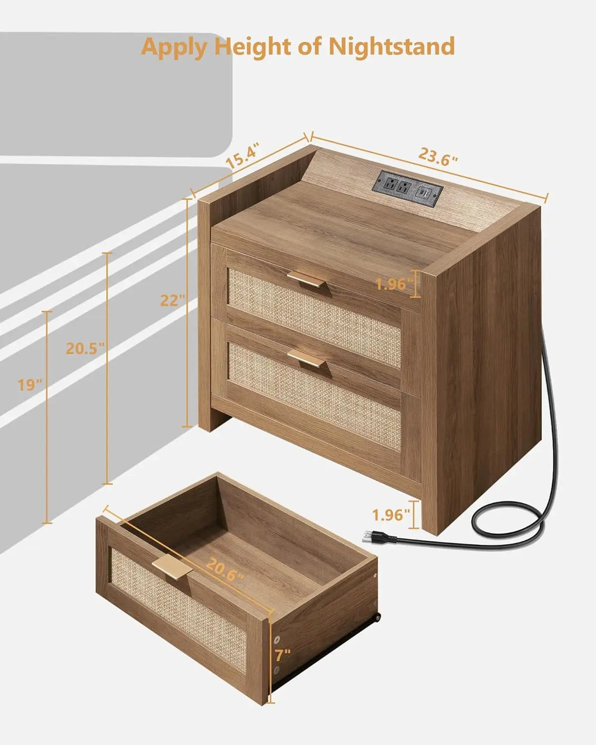 Rattan Nightstand End Table with Type-C Charging Station and 2 Drawers