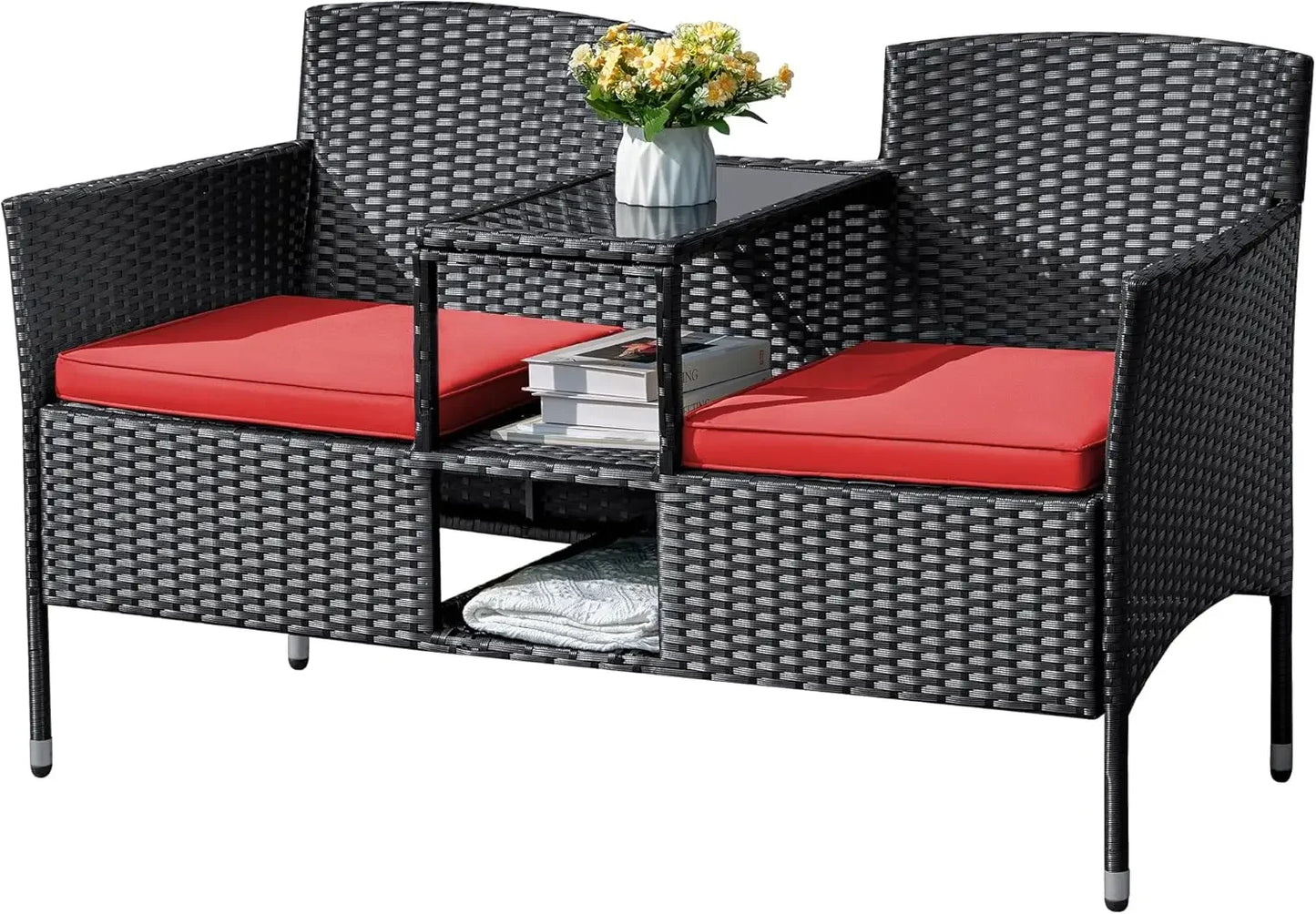 Ljustra Outdoor Loveseat Wicker Seat with Table Cushions Patio Bench