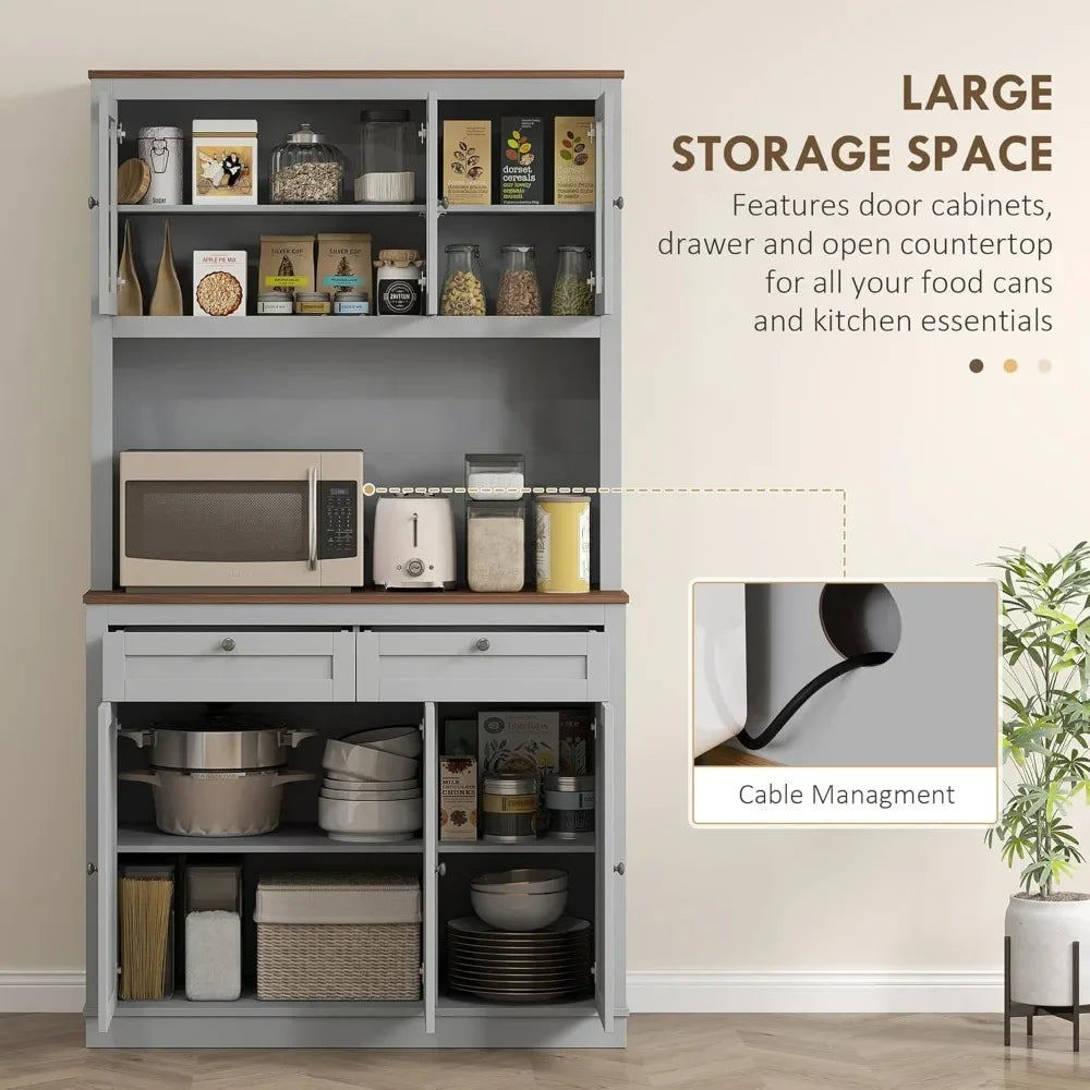 71 Inch Tall Freestanding Kitchen Pantry Hutch with Microwave Stand