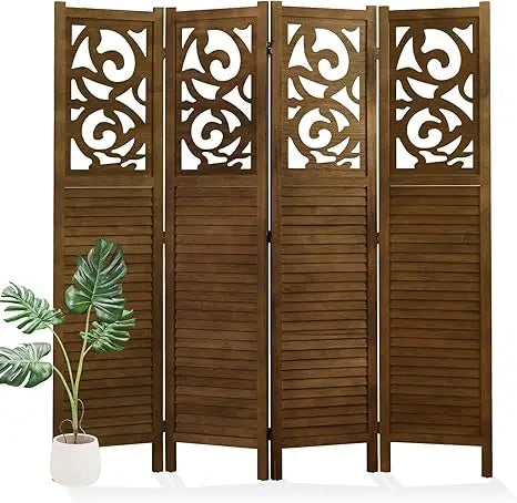 Folding Room Divider 4 Panels Wood Carved Privacy Screen Freestanding