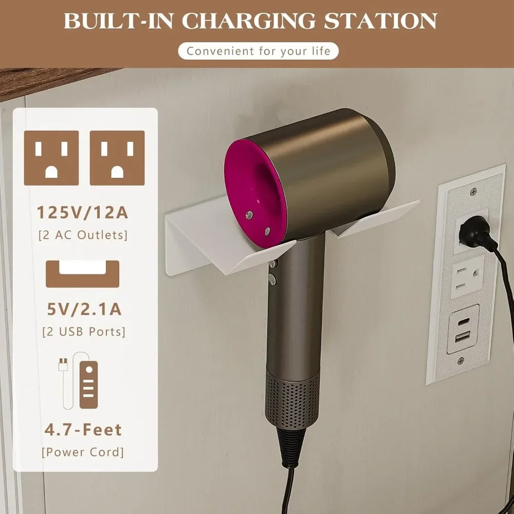 55 Inch Farmhouse Vanity Desk with Mirror Lights Charging Station 5 Drawers