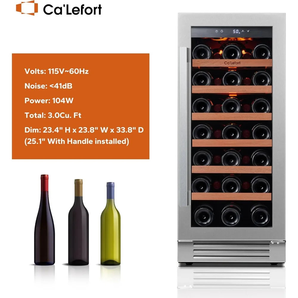 15 Inch Built-in Wine Fridge 33 Bottle Cooler Glass Door LED Lights