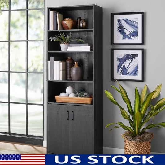 Traditional 5 Shelf Bookcase with Doors Adjustable Shelves Hidden Storage