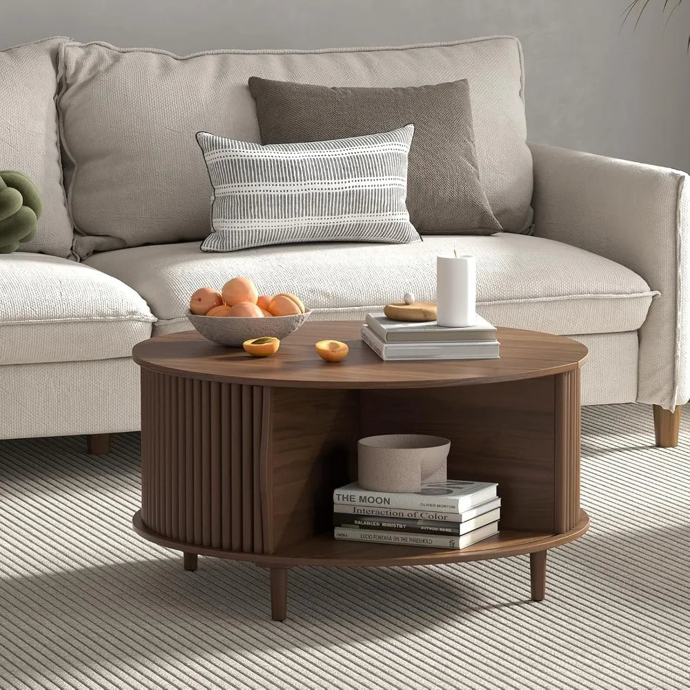 Round Coffee Table with Storage Fluted Design Small Center Table