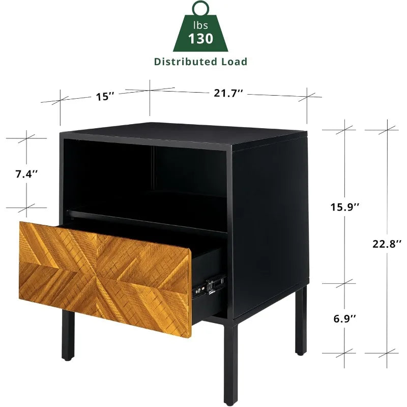 Vivian Solid Wood Nightstand Herringbone Pattern Rustic Bedroom Furniture