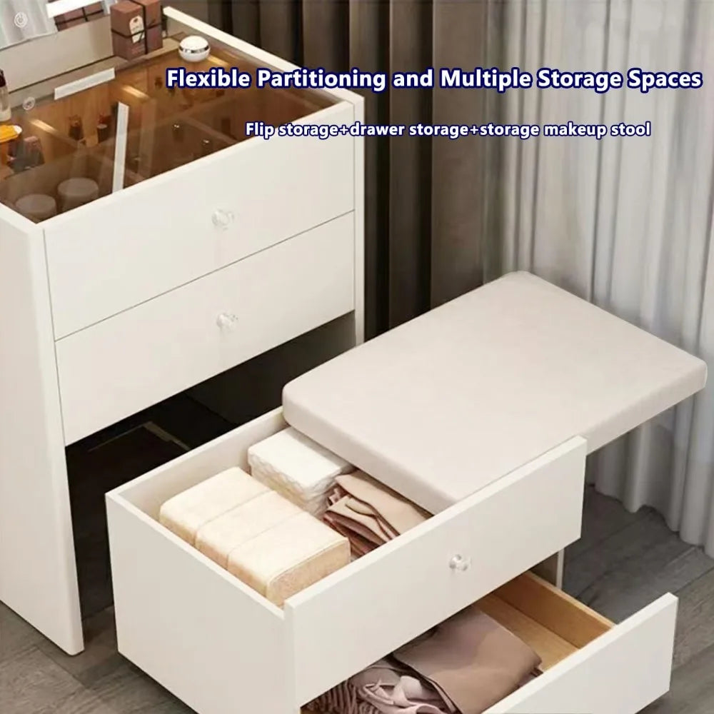 Integrated Small Vanity Desk with Mirror Compact Makeup Table USB