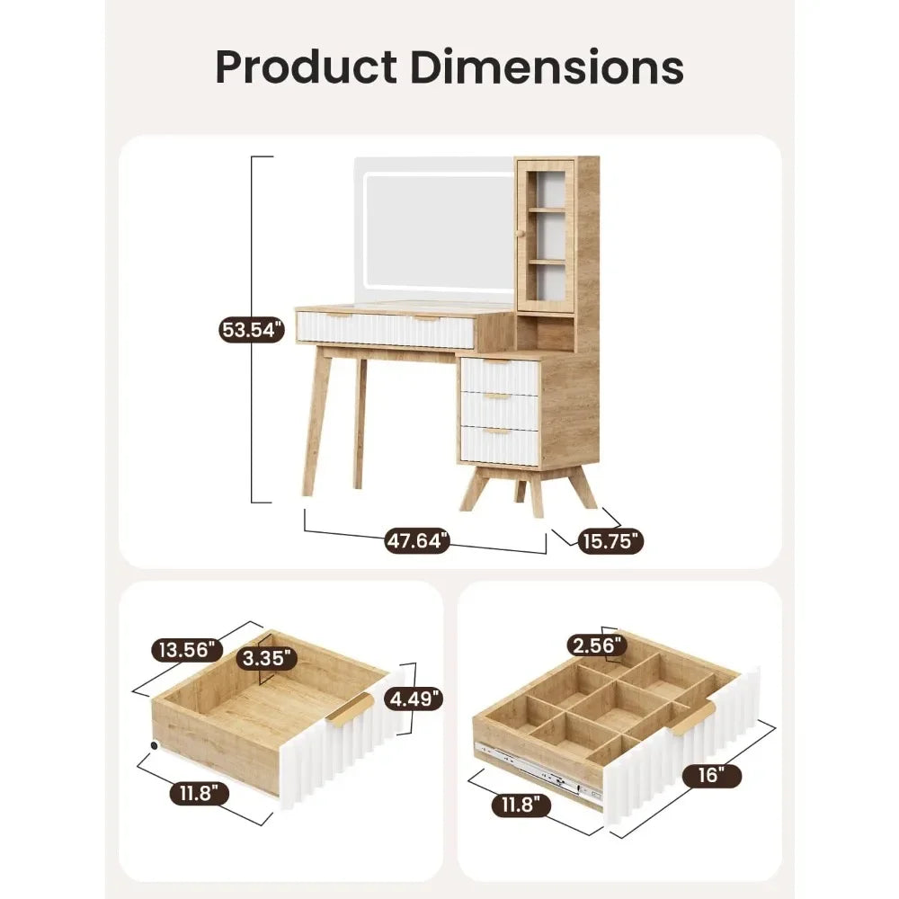 Makeup Vanity Desk with Mirror LED Lights Charging Storage Glass Top